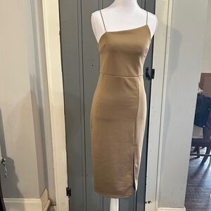 Chic Tan Midi Dress with Spaghetti Straps